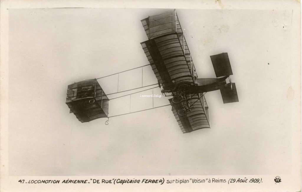 47 - Locomotion Aérienne - De Rue (Capitaine Ferber) sur biplan à Reims