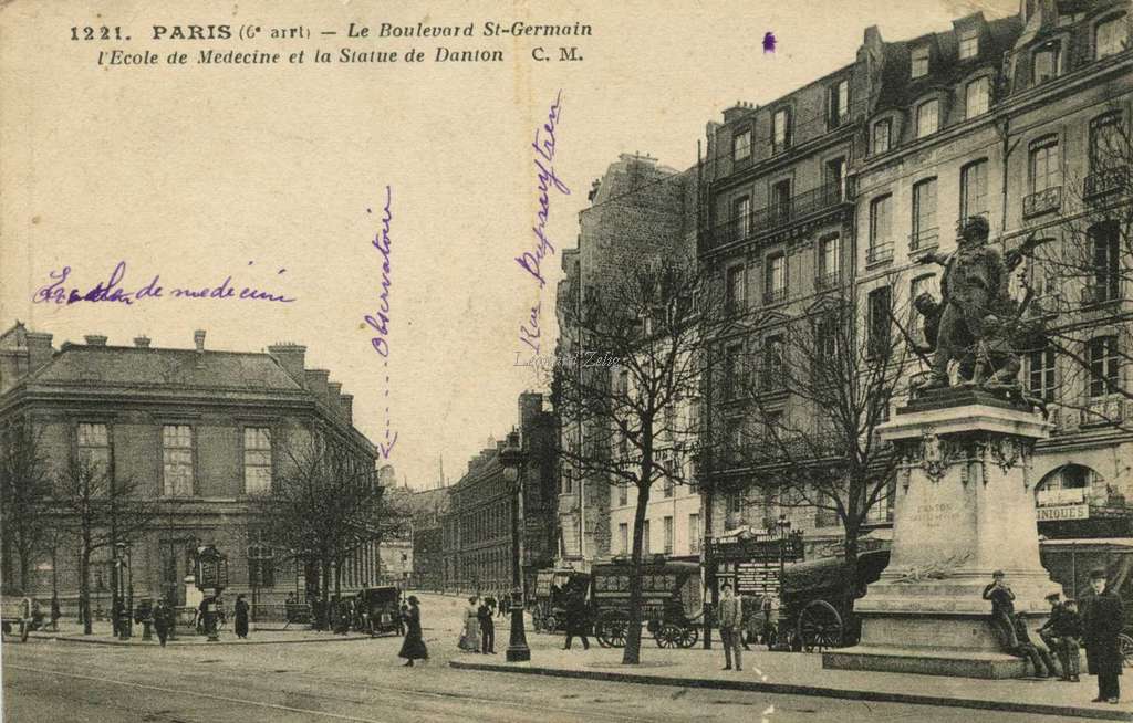 CM 1221 - PARIS - Le Boulevard St-Germain, l'Ecole de Médecine et la Statue de Danton