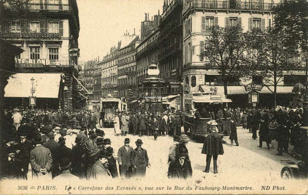 ND 3636 - PARIS - Le Carrefour des Ecrasés vue sur la rue du Fbg Montmartre