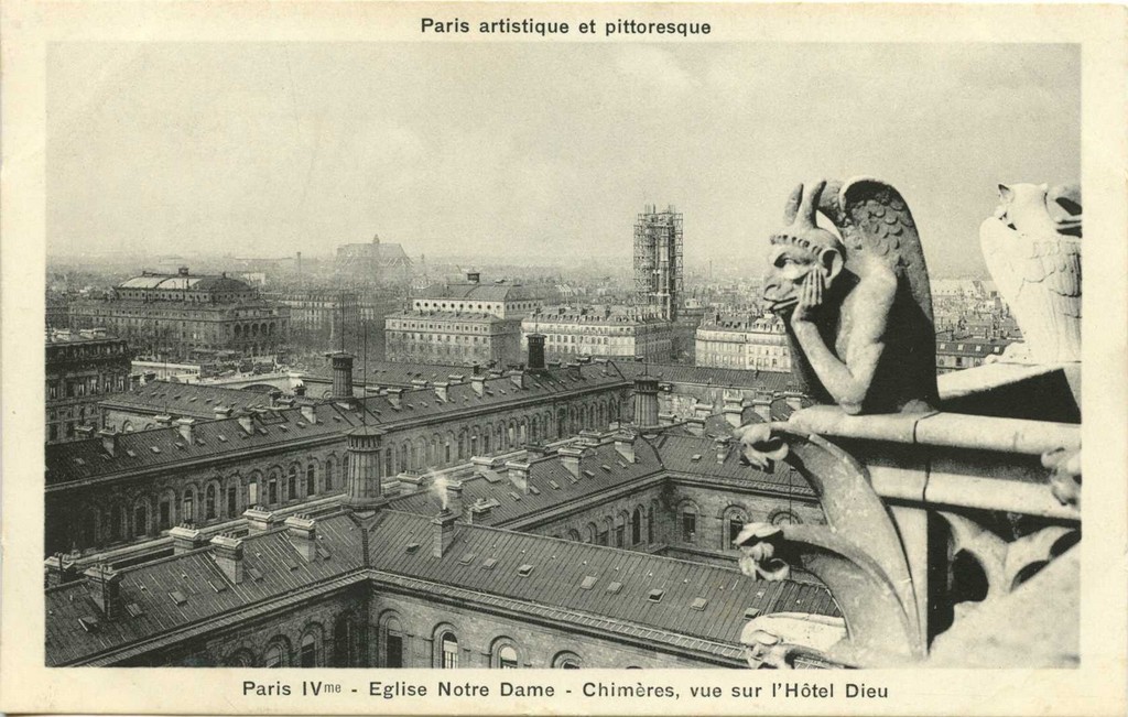 PARIS IV° - Eglise Notre Dame - Chimères, vue sur l'Hôtel Dieu