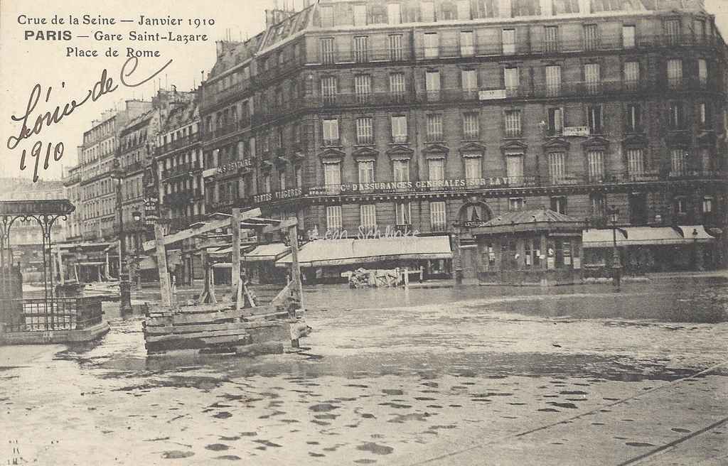 Inconnu - Crue de la Seine - Gare St-Lazare et Place de Rome